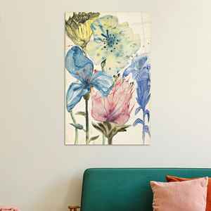 Impresión en lienzo floral azul y amarillo: arte botánico de pared estilo Cottagecore, arte en vidrio templado - Product Image 1