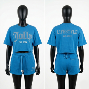 Premium 280GSM Cotton Polyester Crop Top Short <b>Set</b> Teal Green Geometric Print Heat Transfer Logo 100% Cotton T shirt & Short <b>Set</b> - Product Image 2
