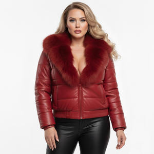 Blouson Bomber Femme en Cuir Véritable à Carreaux Coupe-Vent Fin Rembourré en Duvet avec Fermeture Éclair et Col en Fourrure de Renard – Style Hiver Biker Streetwear - Product Image 5