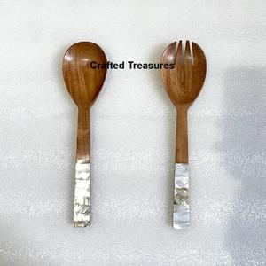 Ensemble de service à salade en bois d'acacia avec impression émaillée Vaisselle de table de restaurant élégante pour la décoration d'ustensiles de cuisine Mariages Événement - Product Image 4