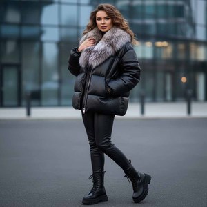 Chaqueta de cuero acolchada fina a cuadros para mujer con cuello de piel de zorro y cierre de cremallera, cortavientos, ropa de calle de invierno, 85% plumón - Product Image 3