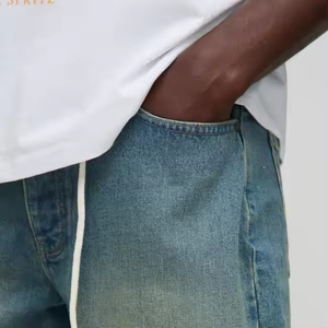 Pantalones cortos de mezclilla para hombre, azul antiguo, 100% algodón, corte relajado, con cordón grueso de cuerda blanca, largo medio, lavado a la piedra - Product Image 6