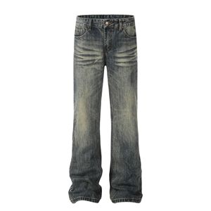 <span class=keywords><strong>Jeans</strong></span> <span class=keywords><strong>Larghi</strong></span> da Uomo Ingrosso Street Retro in Denim Grezzo Lavaggio Argilla Gialla Effetto Invecchiato Slim Flare Dritti con Patch in <span class=keywords><strong>Pelle</strong></span> Personalizzata - Product Image 1