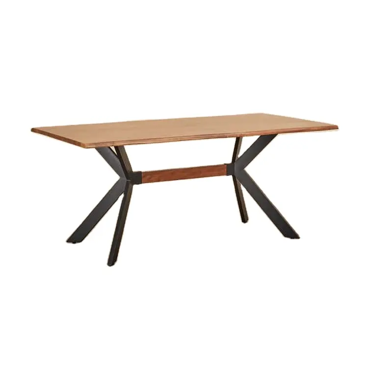 新しいデザインの工業用ユニークなソリッドアカシアウッドアイアンメタルベースダイニングテーブル2023新しいダイニングテーブルデザイン