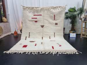 Haute qualité superbe marocain Beniourain laine tapis blanc et rouge abstrait fait à la main Azilal tissé à la main berbère tapis uni - Product Image 5