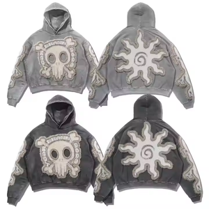 Top Selling Winter Acid <b>Wash</b> Men's Hoodies Oversized Heavy Polyester/Cotton Retro Distressed Patch Embroidery Fleece - Product Image 2