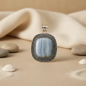 Pendentif ovale en argent sterling 925 avec agate bleue et diamant naturel, bijoux en pierres précieuses avec breloques en pierre - Product Image 3