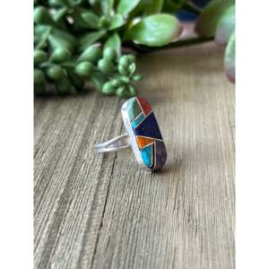 Navajo Handmade Multi Stone Inlay <b>Ring</b> Sterling Silver Size 7.25 Fine Jewelry with Opal & <b>Jade</b> - Product Image 4