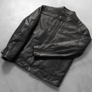 Veste en cuir noir de vachette véritable sur mesure pour hommes, faite à la main, à col montant, vêtements en cuir de moto, vente directe - Product Image 5