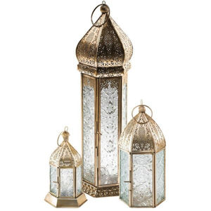 Ensemble de 3 lanternes décoratives en métal et en verre de style marocain, finition dorée en laiton, porte-bougie pour la décoration de la maison - Product Image 1