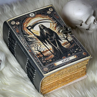 Carnet artisanal en cuir véritable imprimé gothique, couverture cartes de tarot, pages vintage à bords festonnés, cadeau classique sorcière, Halloween, horreur