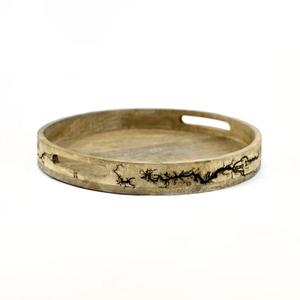 Plateau de service rond en bois de manguier gravé 14x10x2.5 pouces pour la vaisselle alimentaire et le dîner avec corps en bois - Product Image 2