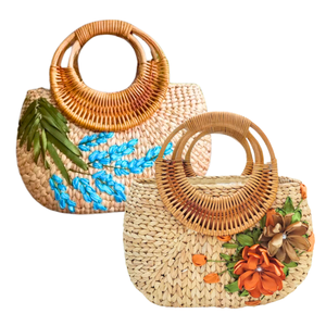 กระเป๋าถือผักตบชวาธรรมชาติมีหูหิ้วสำหรับผู้หญิงกระเป๋าถือบุผ้าฝ้ายมีซิปงานฝีมือจากเวียดนาม - Product Image 1