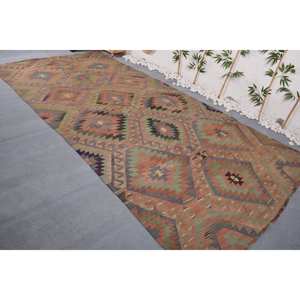 Tapis Kilim Turc Vintage Écologique Pile Moyenne Classique Vert Marron Patchwork Design Laine Latex Forme Rectangle (6.3X12.8) - Product Image 3