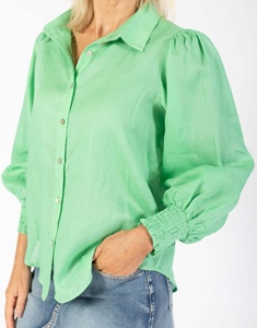 Light Green Casual Women's Shirts <b>Custom</b> Ladies Tops Blouse <b>Balloon</b> Sleeves Deep Shirred Cuff Curved Hemline Linen Fabric Summer - Product Image 2