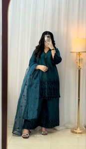 Beau haut de créateur pantalon pour femmes Collection de vêtements de fête tissu en soie Vichitra avec séquence de broderie travail à manches longues - Product Image 2