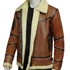 Blouson aviateur en cuir élégant 2026 avec bordure en tricot côtelé et poches avant, blouson aviateur en cuir de qualité supérieure pour hommes - Product Image 5