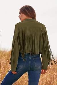 Nuevo abrigo corto con flecos para mujer con solapa de motocicleta y otoño para mujer, chaqueta universitaria de cuero de motorista de gamuza auténtica personalizada - Product Image 4