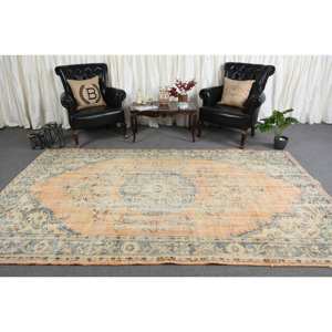 Tapis turc vintage 6 x 10,2 pieds, beige et bleu, patchwork, en laine écologique, à poils moyens, en latex, classique, rectangulaire, pour salle à manger - Product Image 1