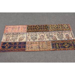 Nouveau Tapis Vintage 2.1x5ft Beige en Laine et Latex Écologique, Fait Main Turc, Grand Format, Abstrait, Rectangulaire, Motif Patchwork pour Couloir - Product Image 3