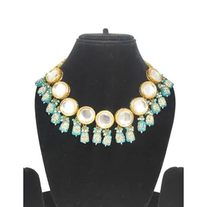 Blue Kundan Necklace Set with Gold Plated <b>Earrings</b> Luxury Fine Jewelry for Weddings Stainless Steel with <b>Studded</b> Beads - Product Image 2