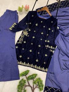 Hermoso Traje Gharara de Color Azul para Fiesta, Estilo Bollywood, con Sharara y Dupatta, de Terciopelo Sintético Pesado, de Secado Rápido, para Mujer, Estilo Indio-Pakistaní - Product Image 4