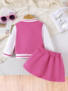 Ensemble deux pièces pour filles printemps automne rose veste de baseball à manches longues et motif solide 100% polyester demi-corps jupe courte - Product Image 2