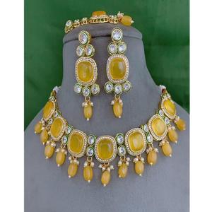 Conjunto de collar Kundan chapado en oro con clase con pendientes y Tikka para mujer, joyería de diseñador para boda - Product Image 1