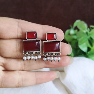 Multi Colour Stoned Oxidized Pattern <b>Silver</b> Plated Stud Earrings Trendy Square Shape Style for Gift Main Material Brass - Product Image 2