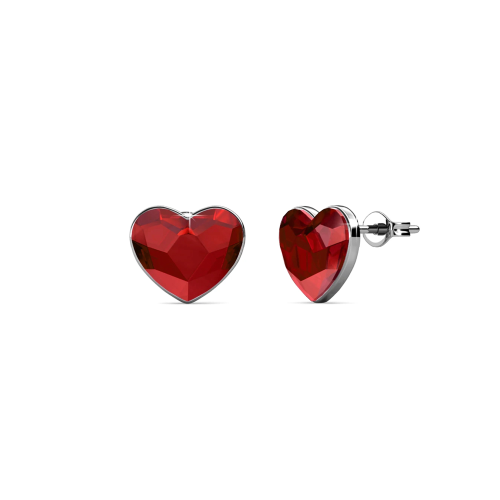 Brass With 18k WG Plated Red Heart Crystal Stud Earrings