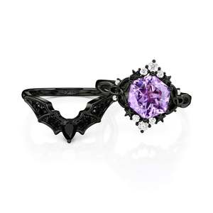 Jeulia <b>Gold</b> Plated Moissanite Fashion <b>Ring</b> <b>Set</b>-Gothic Black Celtic Twist with Purple Hexagon Cut Claw Inlay - Product Image 3
