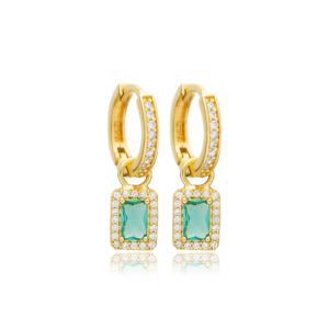 Pendientes colgantes de plata de ley 925 verde Paraiba de corte cuadrado, joyería turca hecha a mano, piedra de circón, chapado en oro para bodas - Product Image 1