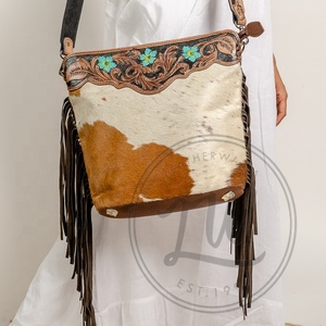 Stylish Vintage Women's Cross Body <b>Bag</b> Hand Tooled Colorful Leather Fringe Shoulder <b>Bag</b> Big Size with Elegant Hide Fur Accent - Product Image 1