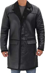 เสื้อเทรนช์โค้ทผู้ชายสีดำปกตั้งแจ็คเก็ตหนังยาวขนแกะแท้100% วัสดุผ้าใบ - Product Image 2