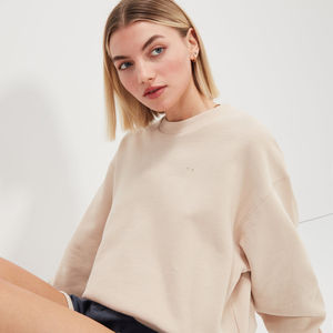 เสื้อสเวตเชิ้ตผู้หญิงสีเบจแบบสั่งทำพิเศษ เสื้อฮู้ดออกกำลังกายแบบยั่งยืน ขอบแขนและชายเสื้อแบบริบ สำหรับฤดูใบไม้ร่วงและฤดูหนาว ดีไซน์เรียบง่าย คอกลม แขนยาว - Product Image 3