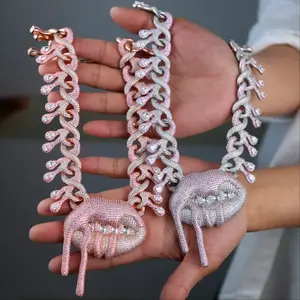 Cadena Cubana de Oro Rosa con Forma de Lágrima para Labios y Boca para Mujer, Collar de Cadena Cubana con Diamantes Rellenos de Oro - Product Image 1