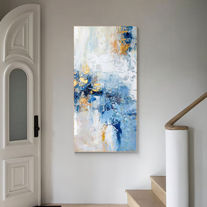 Blue Gold Vertical <b>Abstract</b> Natural Minimalist Custom Scenery Large Oil <b>Canvas</b> Handmade Wood Frame Wall Hanging Interior Decor - Product Image 1