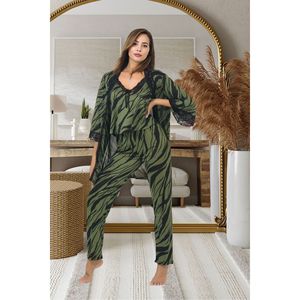 Set di pigiami e vestaglia con cinturino verde a righe Sexy da donna Set di camicia da notte 3 pezzi superiore e inferiore