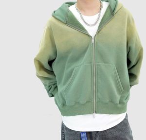 Vente en gros Vêtements de rue décontractés Sweat à capuche dégradé vert Sweat-shirt chaud doublé de fermeture à glissière pour hommes - Product Image 1