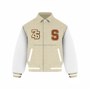 Wholesale Wool Blend Varsity <b>Jacket</b> 450 GSM Soft Sherpa Texture <b>White</b> Leather Sleeves Custom Chenille Varsity <b>Jacket</b> for <b>Men</b> - Product Image 1