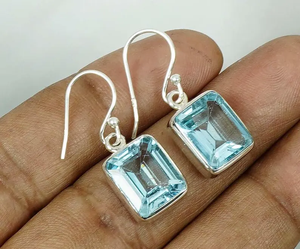 925 Sterling <b>Silver</b> <b>Dangle</b> <b>Earrings</b> Blue Topaz Gemstone Handmade Square Shape November Birthstone Jewelry Christmas Gift - Product Image 1