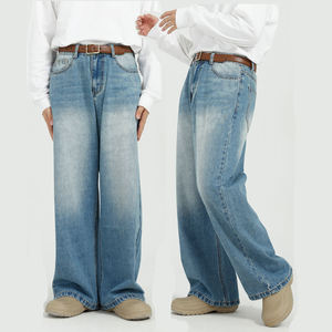 Otoño Invierno hombres High Street Denim Jeans recto suelto Micro pierna ancha cintura media pantalones holgados patrón sólido para hombres mujeres - Product Image 1