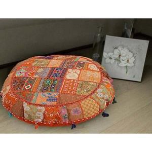 Tela de algodón natural hecha a mano con bordado indio, Fundas de cojín de retazos redondas bohemias con cremallera para decoración del hogar - Product Image 2