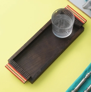 Bandeja de servicio de madera de mango con borde naranja pintado a mano Madera con asa Bandeja de servicio decorativa Plato para desayuno decorativo - Product Image 4
