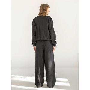 Blouson bombardier en lin baggy à manches longues pour femmes col montant traitement brut fermeture à boutons tissé rempli de coton pour l'automne/hiver - Product Image 6