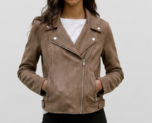 Brown <b>Suede</b> Moto <b>Jacket</b> With Zipper Closure Regular Fit Unisex Autumn Style - Product Image 1