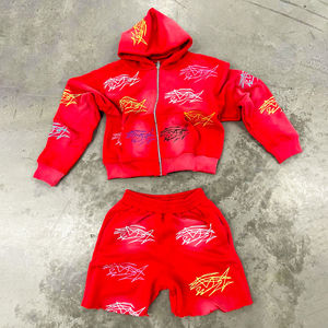 Streetwear Custom Tracksuit Manufacturer Polyester/Cotton French Terry Acid Wash Printed <b>Zip</b> Hoodie <b>Shorts</b> Custom Vintage Casual - Product Image 6