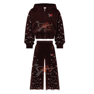 Ensemble de survêtement unisexe en deux pièces avec pantalon de survêtement à pattes évasées et sweat à capuche zippé, orné de strass de haute qualité, effet délavé à l'acide, style vintage - Product Image 3