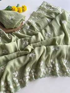 NOUVEAU Saree en georgette scintillante avec un beau design de feuille de fil blanc - Product Image 3