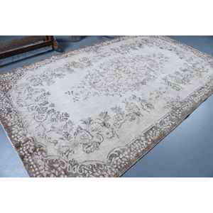 Alfombra Turca Vintage de 6.1x10.2 pies, Alfombra Grande, Alfombra de Lana a Rayas Marrón y Blanca - Product Image 2